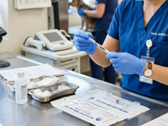 Veterinarian preparing a sterile animal microchip syringe for subcutaneous implantation in a clinic setting